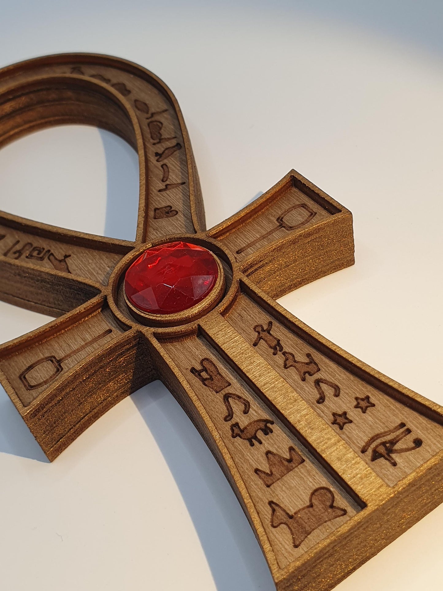 Tomb Raider Inspired Horus Amulet - Egyptian Ankh in Wood - Mystical Sculpture with Hieroglyphs and Red Stone - Fantasy Decor