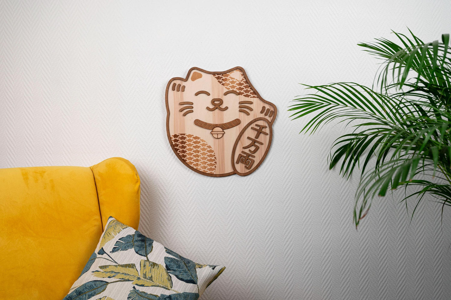Maneki Neko Japonais – Motif Vagues – Applique Murale en Bois – Style Vintage Kawaii Manga Chat porte bonheur fortune Lucky