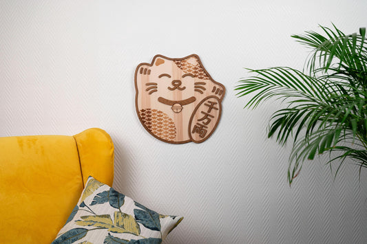 Japanese Maneki Neko – Wave Pattern – Wooden Wall Light – Vintage Kawaii Manga Style Lucky Fortune Cat