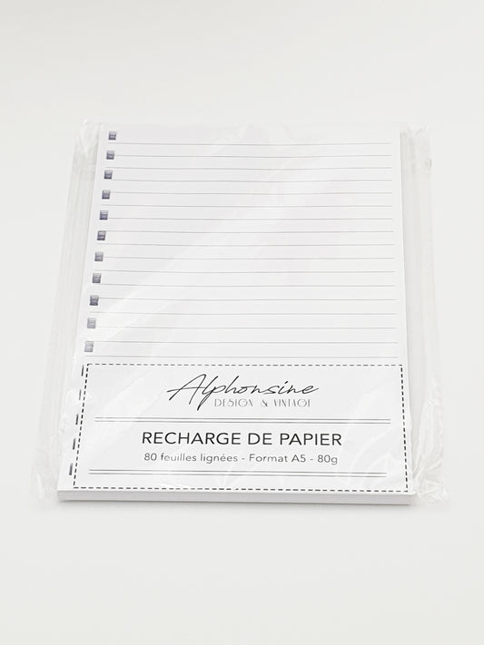 Recharge papier ligné A5 – 80 feuilles (160 pages) – Papier 80g