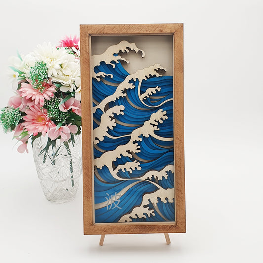 Tableau vague japonaise en bois – Décoration murale artisanale inspirée de Hokusai