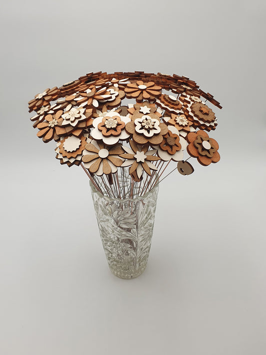 Fleurs décoratives en bois sur tige – Lot de 6 – Décoration florale éternelle à piquer dans vos bouquets, plantes ou compositions