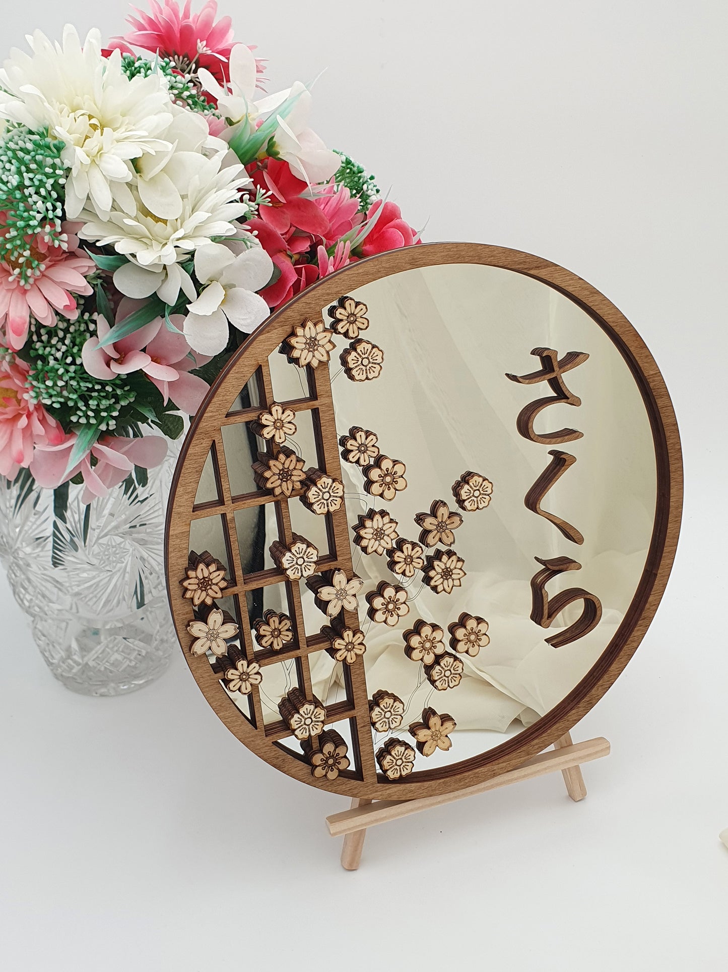 Miroir mural japonais en bois 30 cm – Sakura cerisier en fleurs gravé laser – Art mural rond style japonais – Panneau Hanami zen Shoji