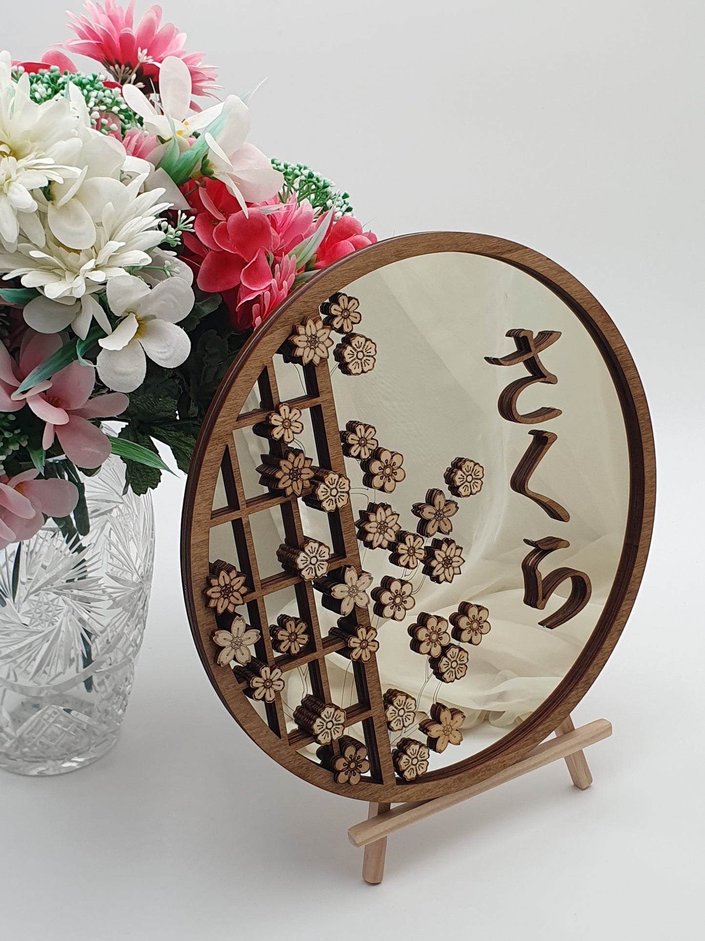 Miroir mural japonais en bois 30 cm – Sakura cerisier en fleurs gravé laser – Art mural rond style japonais – Panneau Hanami zen Shoji