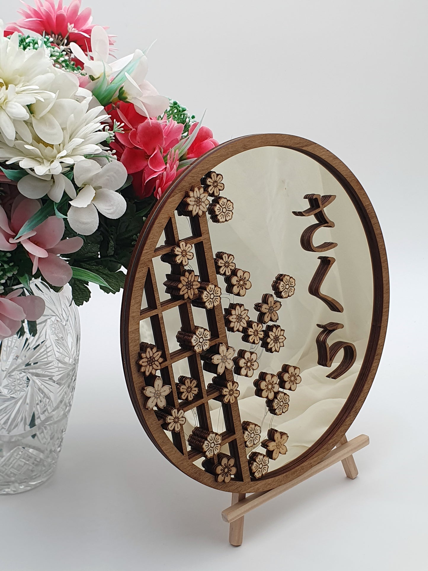 Miroir mural japonais en bois 30 cm – Sakura cerisier en fleurs gravé laser – Art mural rond style japonais – Panneau Hanami zen Shoji