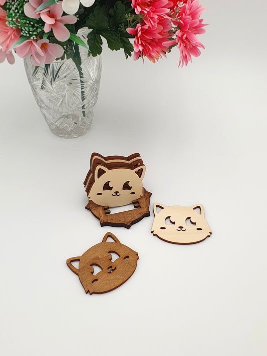 Set of cute reversible cat glass coasters wood kawaii manga anime japanese cute adorable original manga japan kitten cat fan