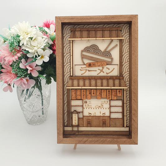 Tableau en bois boutique de ramen – Décoration murale japonaise urbaine
