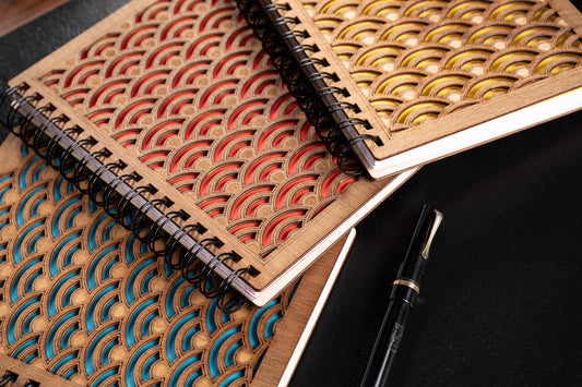 A5 Spiral Notebook Dark Wood Japanese Waves Pattern – Bullet Journal, Guest Book, Notes, Wedding, Refillable, Handmade Gift