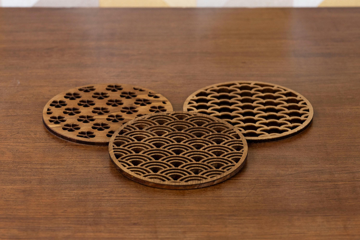 Lot de 3 sous-verres en bois Japon Traditionnel - motifs Sakura Vague Nuage - décoration rétro vintage japonais