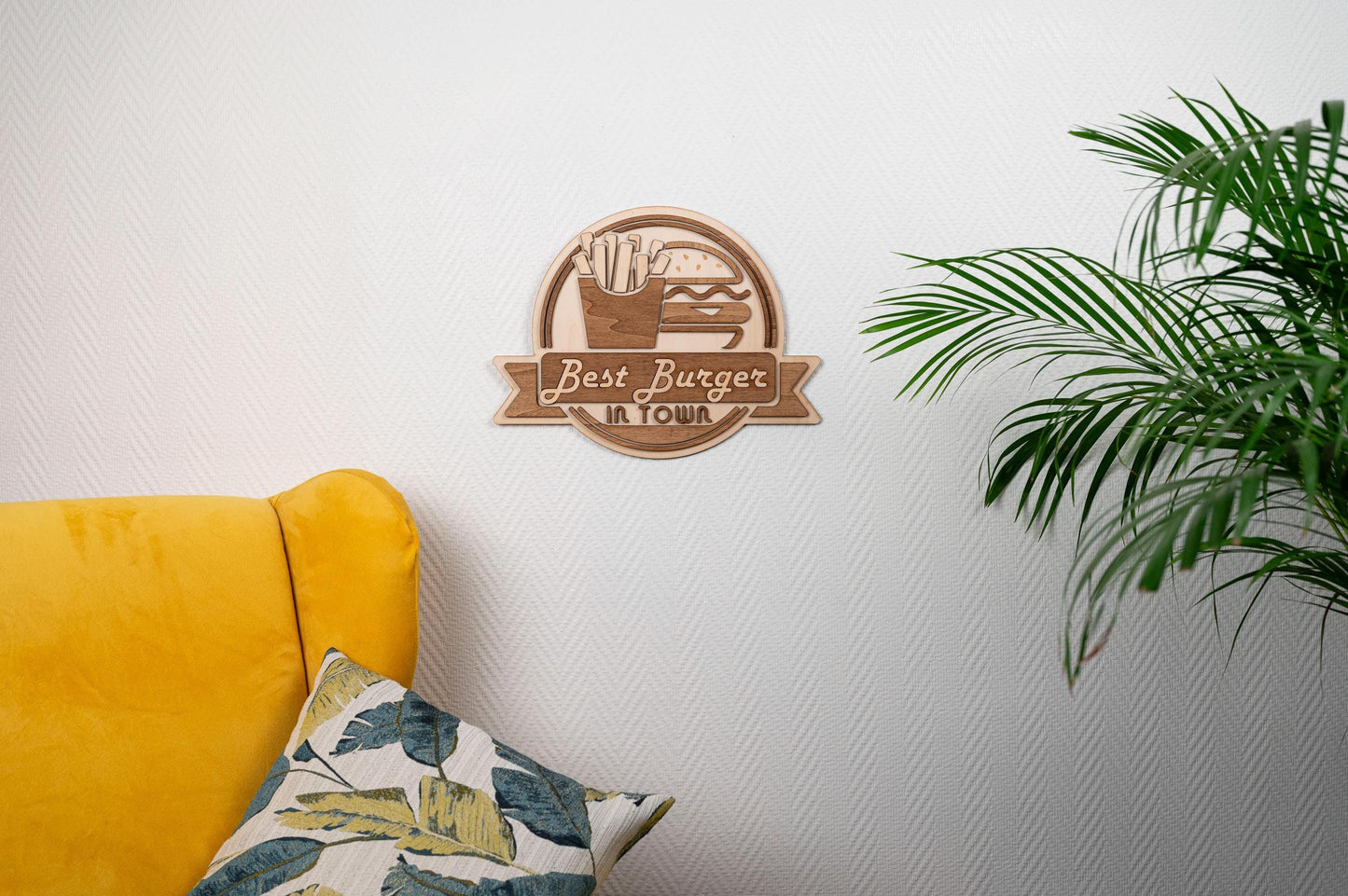 Plaque murale bois Best Burger In Town – Décoration diner rétro vintage USA – Applique murale fast food restaurant américain Made in France