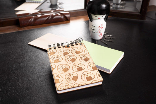 Kawaii Onigiri Engraved Wooden A6 Notebook – Diary, Recipes, Notes, Handmade Stationery Made in France