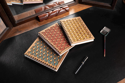 A5 Spiral Notebook Dark Wood Japanese Waves Pattern – Bullet Journal, Guest Book, Notes, Wedding, Refillable, Handmade Gift