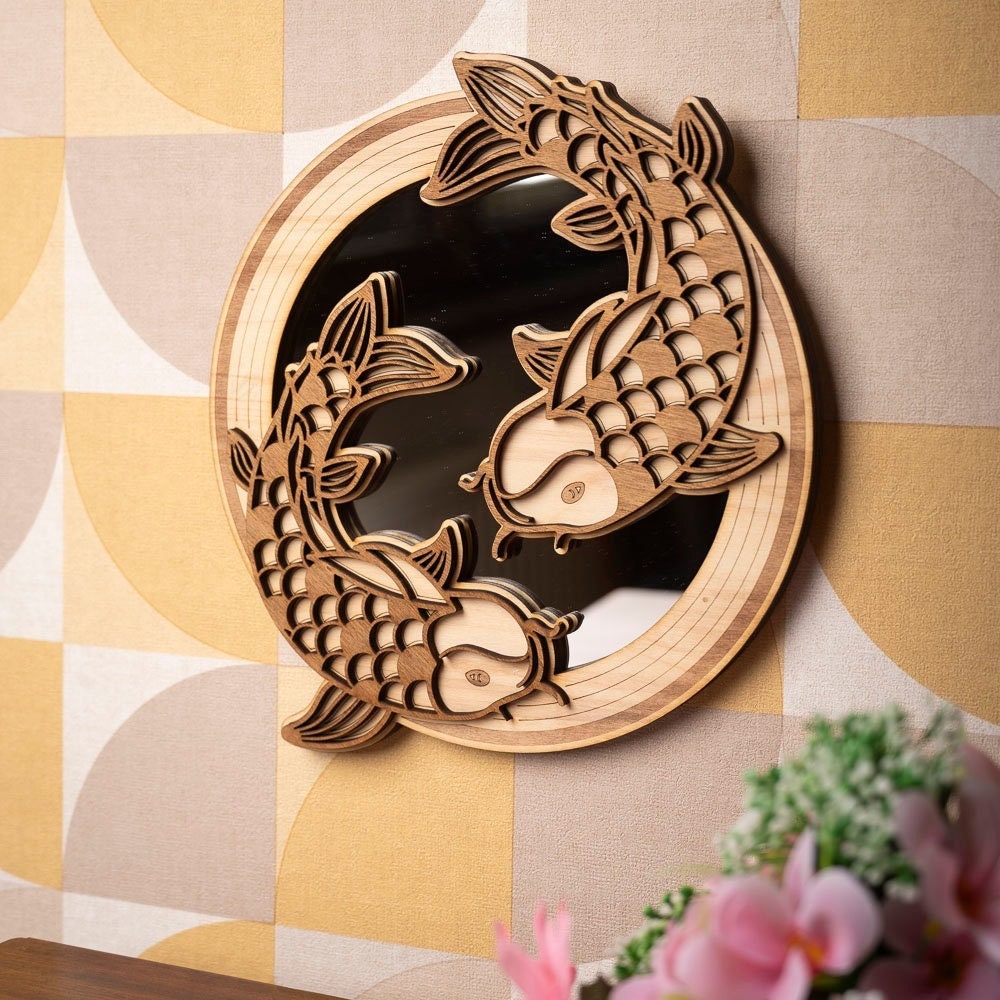 Koi Carp Mirror Wooden Wall Decoration – Traditional Japanese Zen Art – Nishikigoi Fish Handmade Asian Gift – Made in France