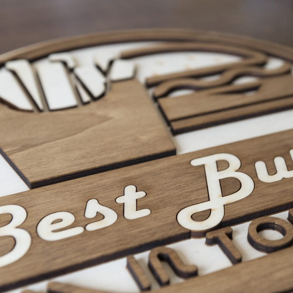 Plaque murale bois Best Burger In Town – Décoration diner rétro vintage USA – Applique murale fast food restaurant américain Made in France