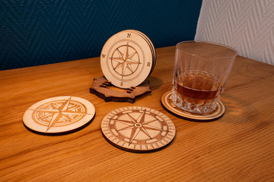 Set of 6 wooden "Rose des Vents" coasters with storage holder - Retro vintage steampunk style - Travel, navigation and boating