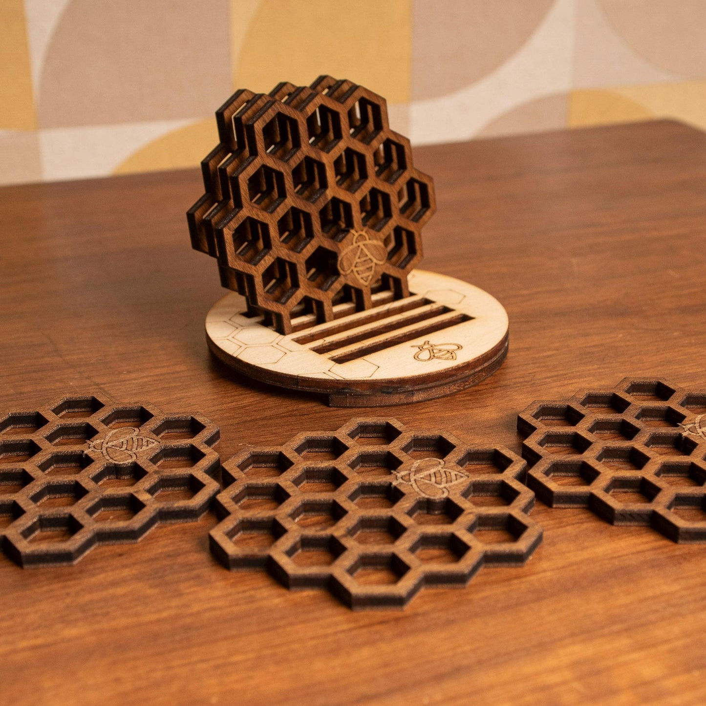 Set of 6 honeycomb bumblebee wood coasters retro vintage hexagonal housewarming gift box beekeeping whiskey
