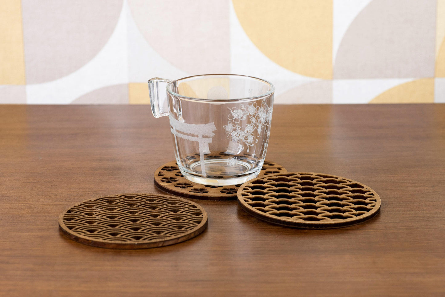 Lot de 3 sous-verres en bois Japon Traditionnel - motifs Sakura Vague Nuage - décoration rétro vintage japonais
