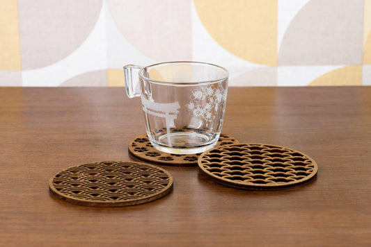Set of 3 Traditional Japanese Wooden Coasters - Sakura Wave Cloud Pattern - Japanese Vintage Retro Decoration