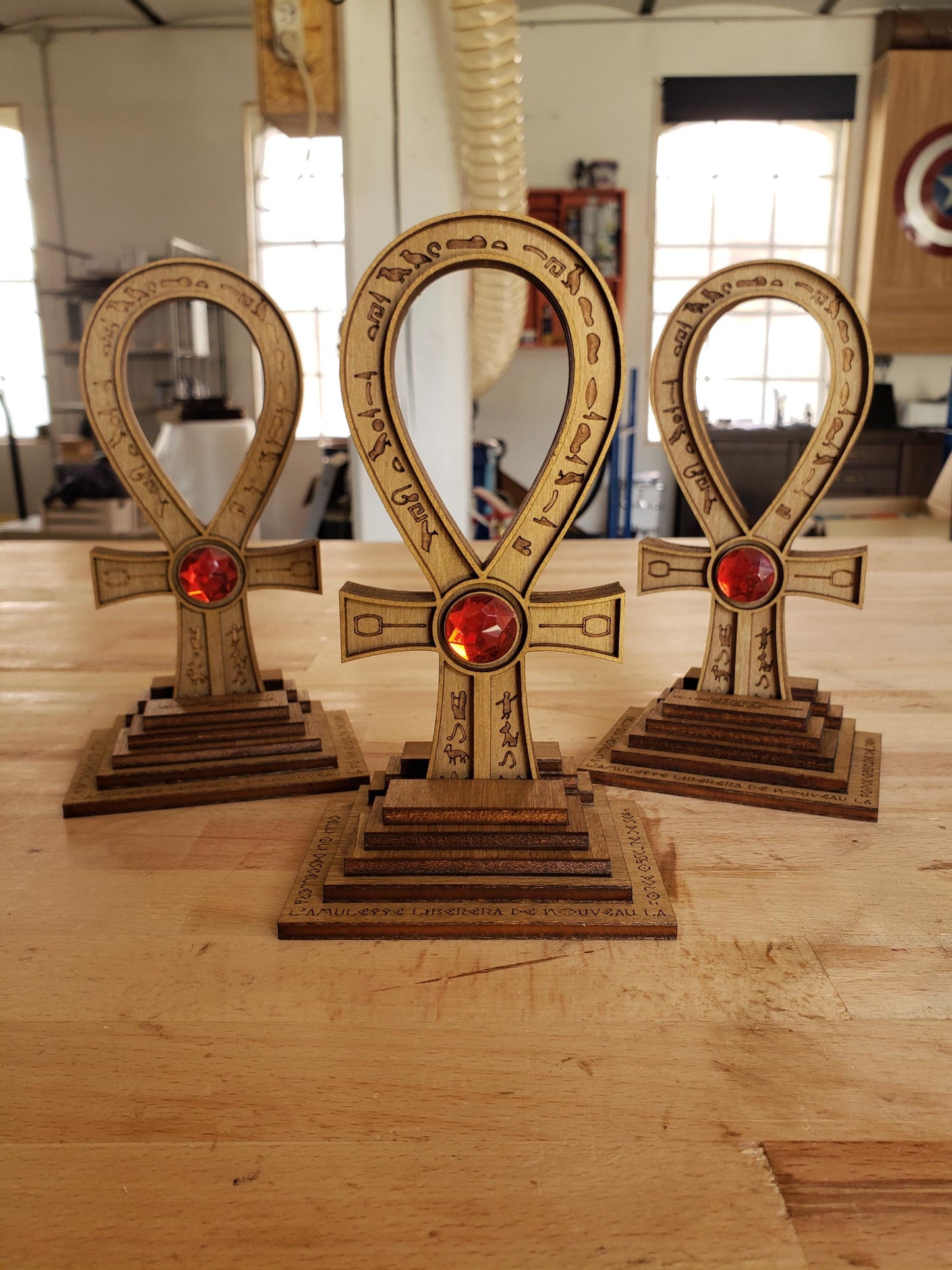 Tomb Raider Inspired Horus Amulet - Egyptian Ankh in Wood - Mystical Sculpture with Hieroglyphs and Red Stone - Fantasy Decor