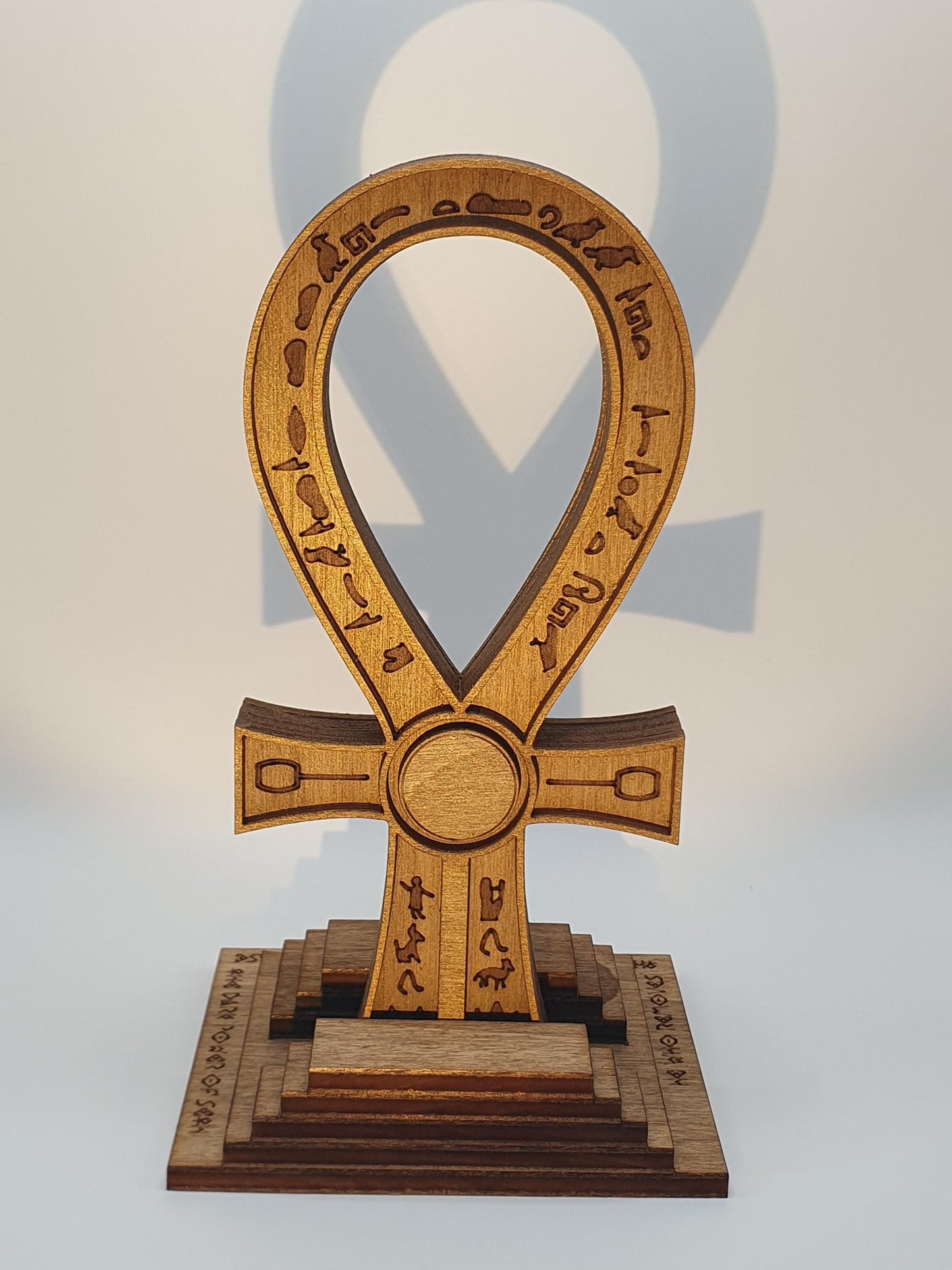 Tomb Raider Inspired Horus Amulet - Egyptian Ankh in Wood - Mystical Sculpture with Hieroglyphs and Red Stone - Fantasy Decor