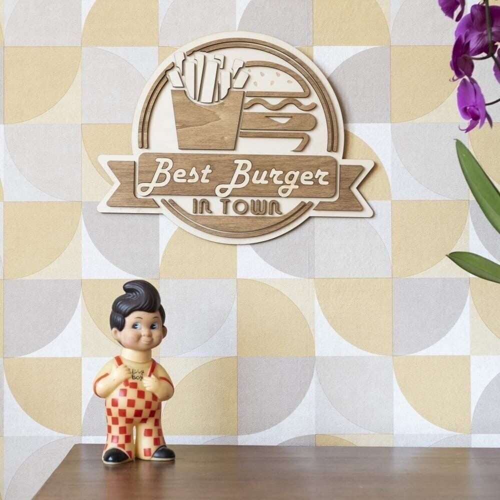 Plaque murale bois Best Burger In Town – Décoration diner rétro vintage USA – Applique murale fast food restaurant américain Made in France