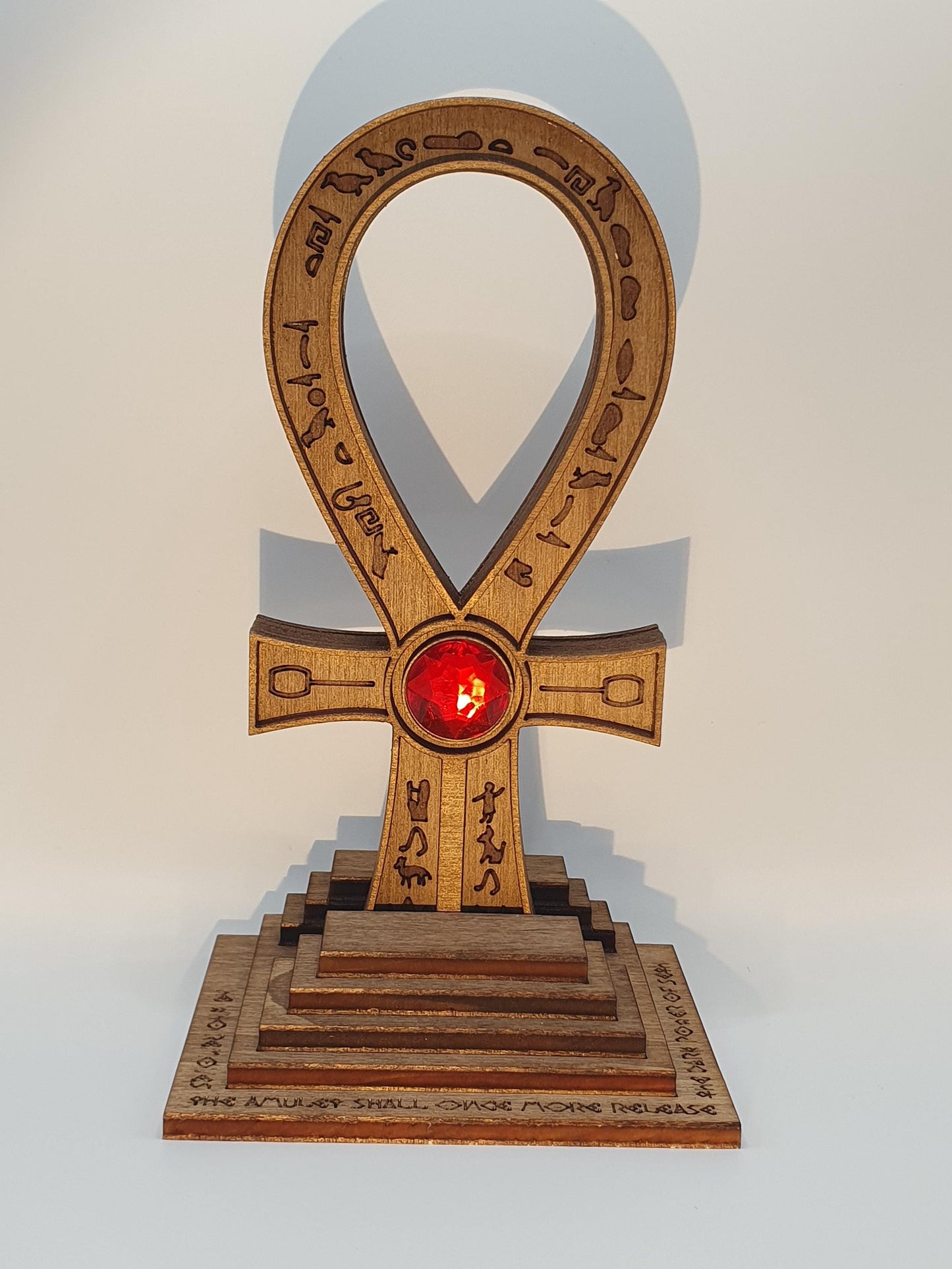 Tomb Raider Inspired Horus Amulet - Egyptian Ankh in Wood - Mystical Sculpture with Hieroglyphs and Red Stone - Fantasy Decor