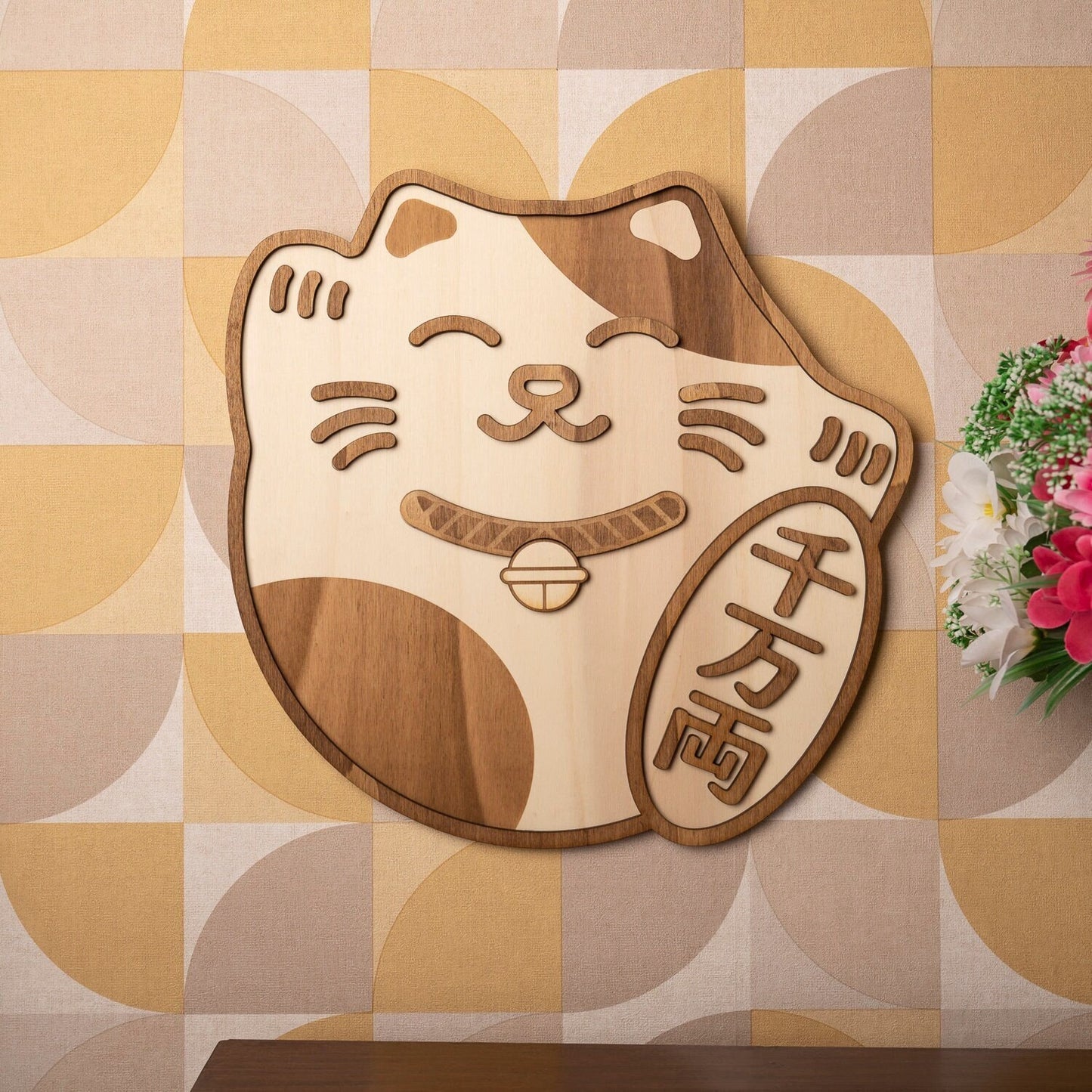 Décoration murale bois Maneki Neko – Chat porte-bonheur japonais – Art mural kawaii vintage rétro – Cadeau chance Asie – Made in France