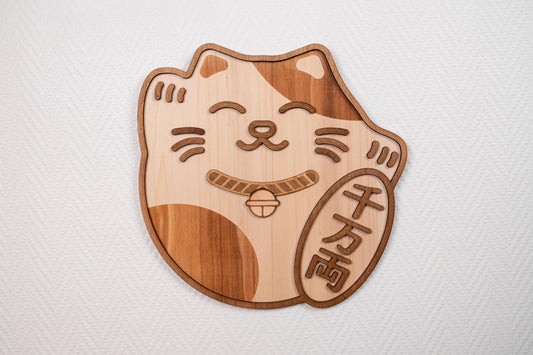 Maneki Neko wooden wall decoration – Japanese lucky cat – Kawaii vintage retro wall art – Asian lucky gift – Made in France