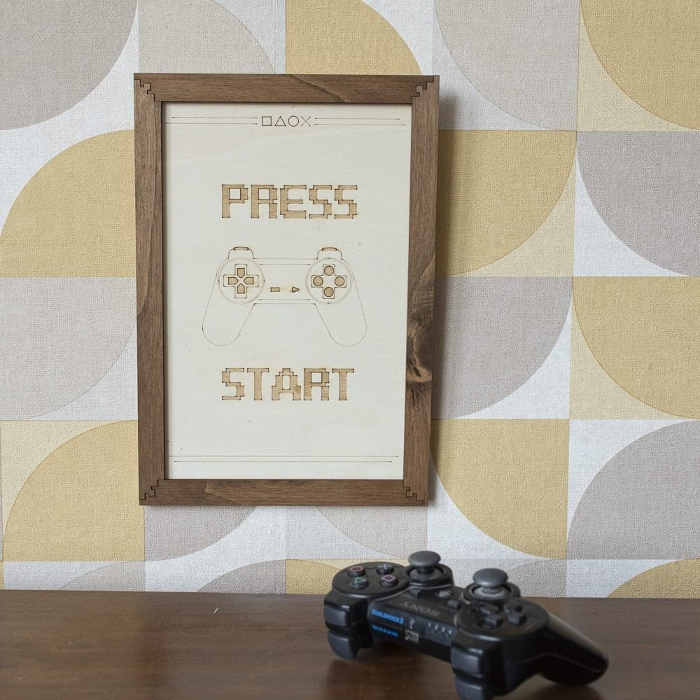 Tableau mural "Press Start" en bois – Décoration rétro gaming pixel 8bit – Cadeau geek vintage – Playstation Nostalgie 90s Enfance Rétro