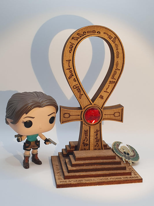Tomb Raider Inspired Horus Amulet - Egyptian Ankh in Wood - Mystical Sculpture with Hieroglyphs and Red Stone - Fantasy Decor