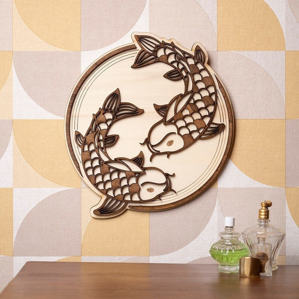 Japanese Koi Carp Wooden Wall Decor - Japanese Zen Wall Art - Handcrafted Wall Sconce - Asian Wooden Decor - Nishigikoi