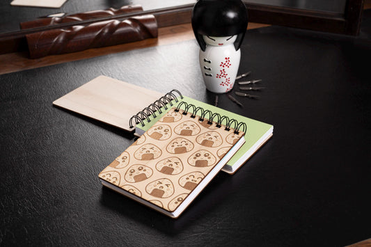 Kawaii Onigiri Engraved Wooden A6 Notebook – Diary, Recipes, Notes, Handmade Stationery Made in France