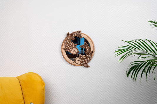 Koi Carp Mirror Wooden Wall Decoration – Traditional Japanese Zen Art – Nishikigoi Fish Handmade Asian Gift – Made in France