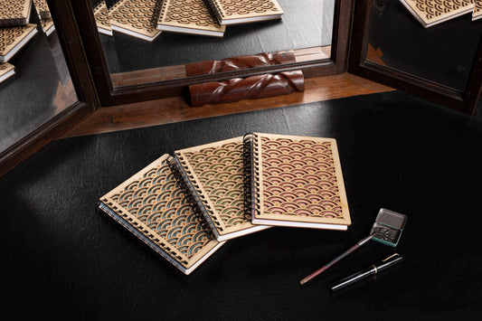 A5 light wood notebook – Refillable bullet journal – Traditional Japanese wave pattern – Made in France