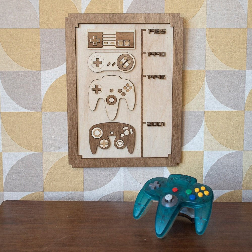 Timeline retro consoles – Wooden wall decoration gaming room geek vintage Nintendo retro gaming 80s 90s NES SNES N64 Game Cube