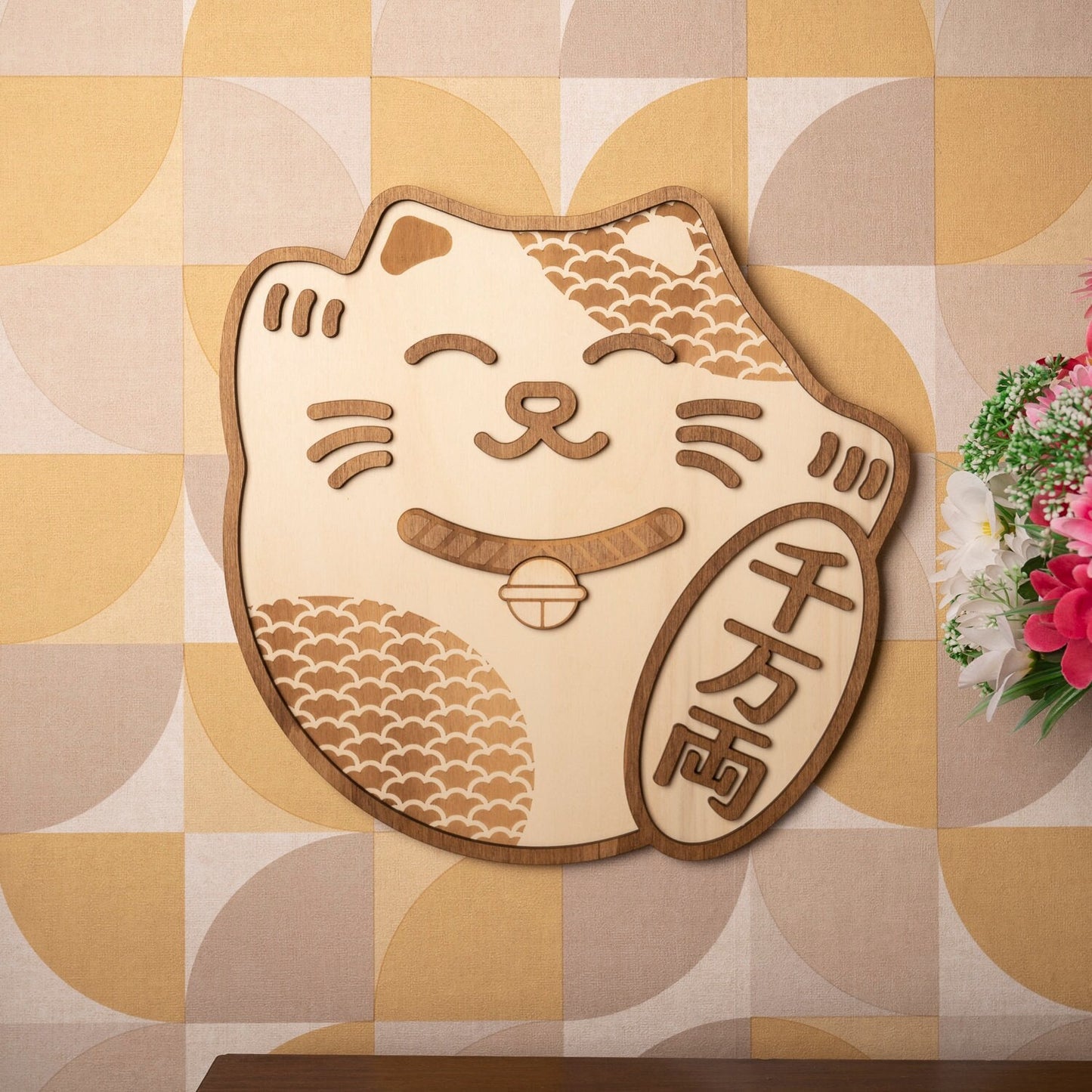Maneki Neko Japonais – Motif Vagues – Applique Murale en Bois – Style Vintage Kawaii Manga Chat porte bonheur fortune Lucky