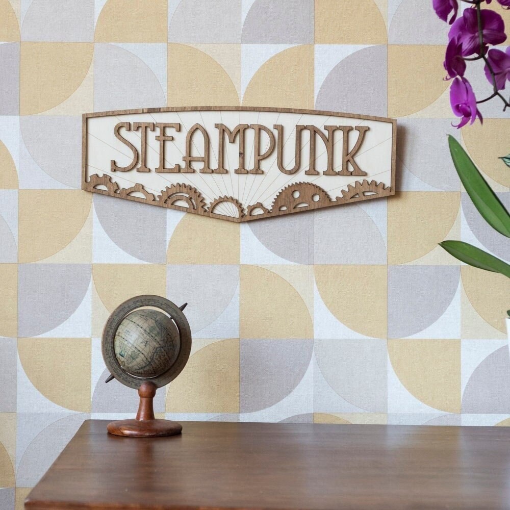 Applique murale bois Steampunk – Décoration rétrofuturiste inspirée Bioshock – Plaque murale vintage geek – Art Deco