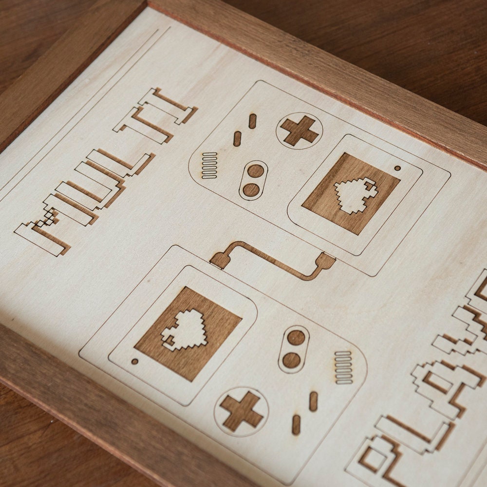 Tableau décoratif Multi Player en bois – Rétro gaming 8-bit – Cadeau geek couple Saint-Valentin vintage