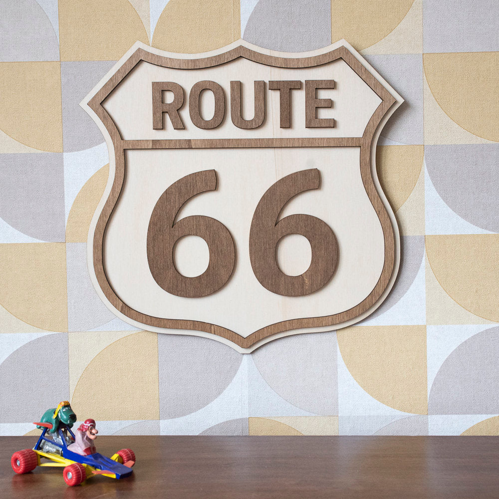 Route 66 wood wall decoration – Vintage USA car road trip sign – Retro American wall art – Made in France