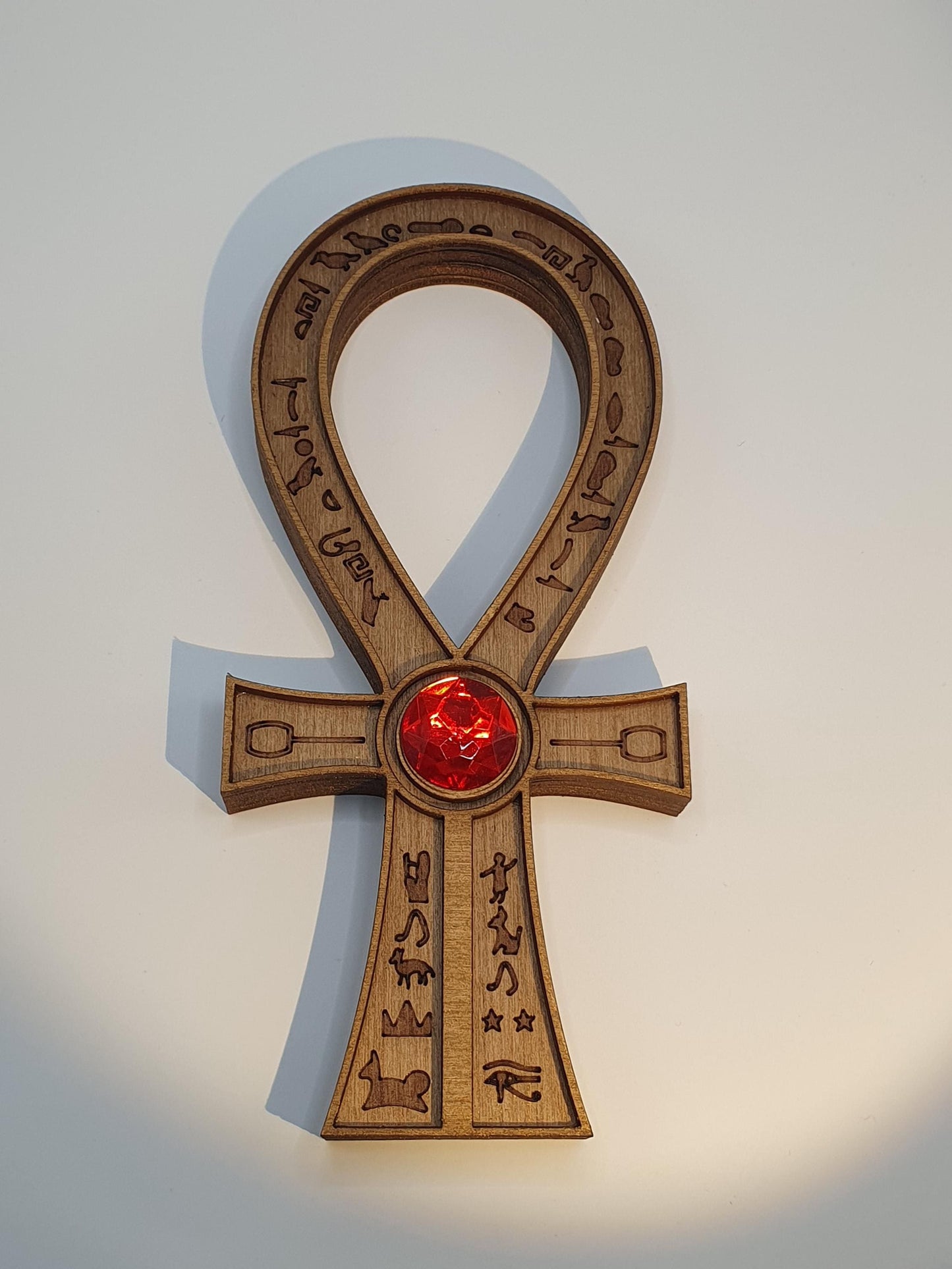 Tomb Raider Inspired Horus Amulet - Egyptian Ankh in Wood - Mystical Sculpture with Hieroglyphs and Red Stone - Fantasy Decor