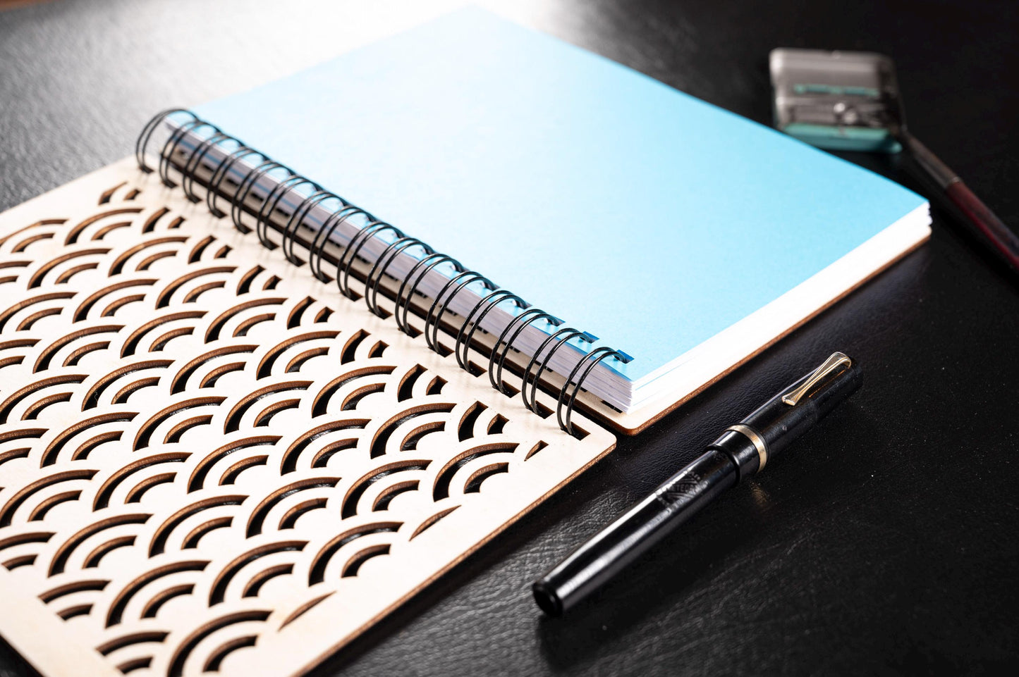 A5 light wood notebook – Refillable bullet journal – Traditional Japanese wave pattern – Made in France