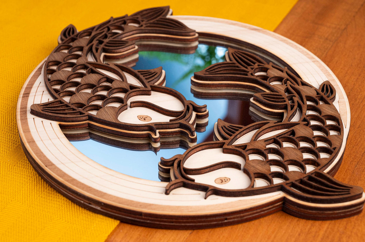 Koi Carp Mirror Wooden Wall Decoration – Traditional Japanese Zen Art – Nishikigoi Fish Handmade Asian Gift – Made in France