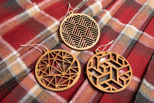 Set of 3 Wooden Christmas Baubles - Modern Geometric Decorations - Laser Cut Plywood Handcrafted Ornaments - Tree Hangings