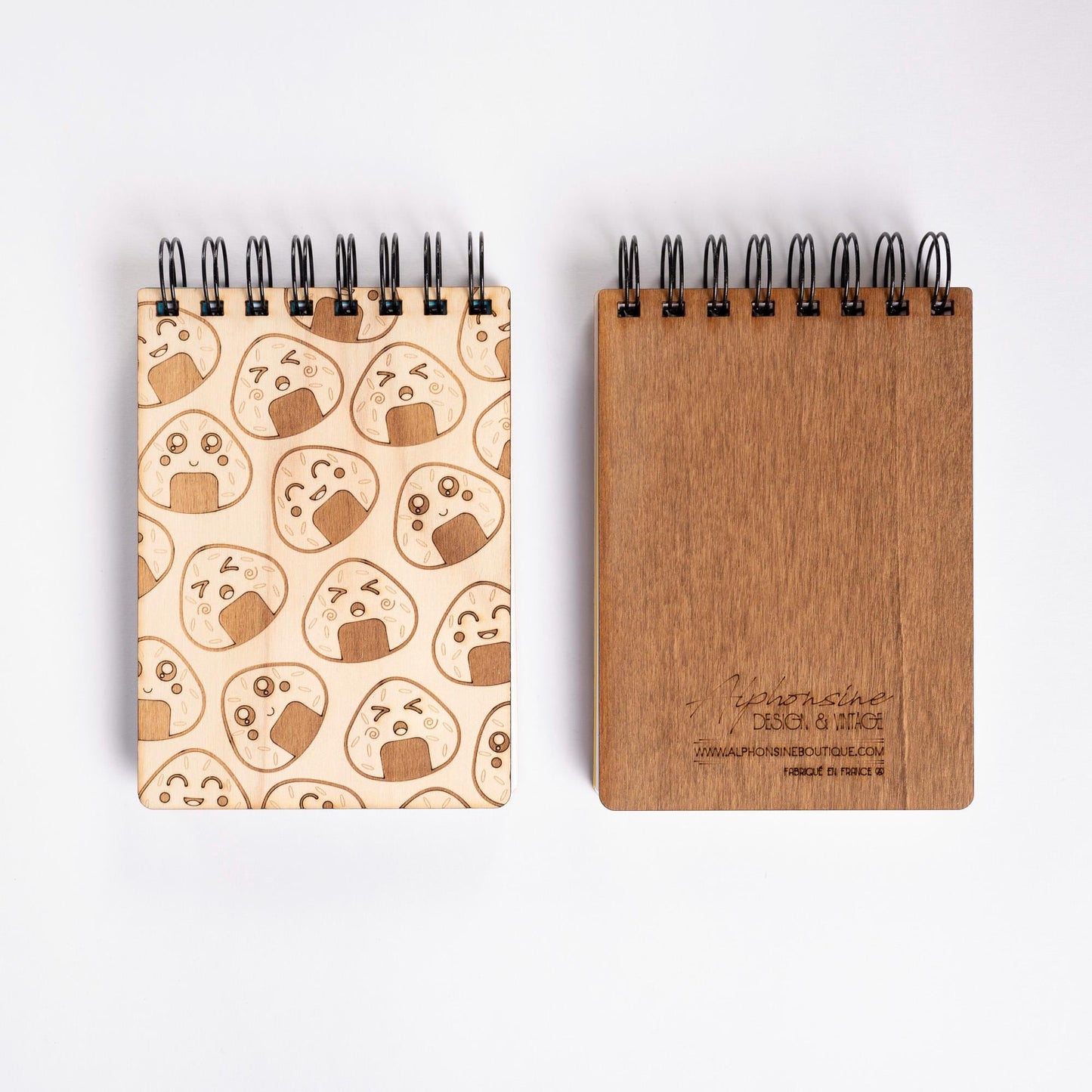 Kawaii Onigiri Engraved Wooden A6 Notebook – Diary, Recipes, Notes, Handmade Stationery Made in France