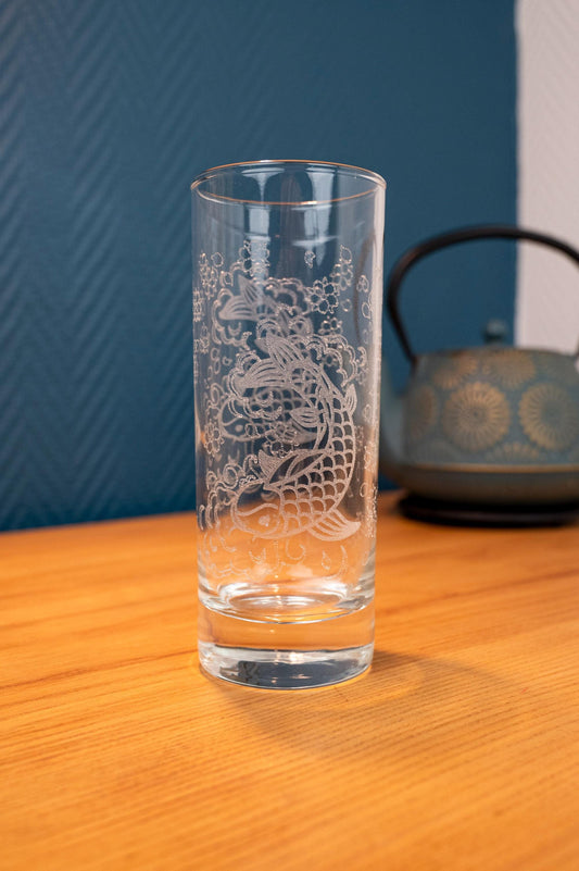 Japanese koi carp engraved glass Lucky fish – 33cl Asian Zen style glass – Laser craftsmanship Made in France