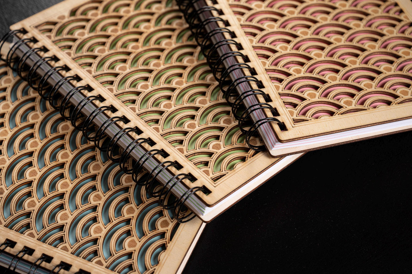 A5 light wood notebook – Refillable bullet journal – Traditional Japanese wave pattern – Made in France