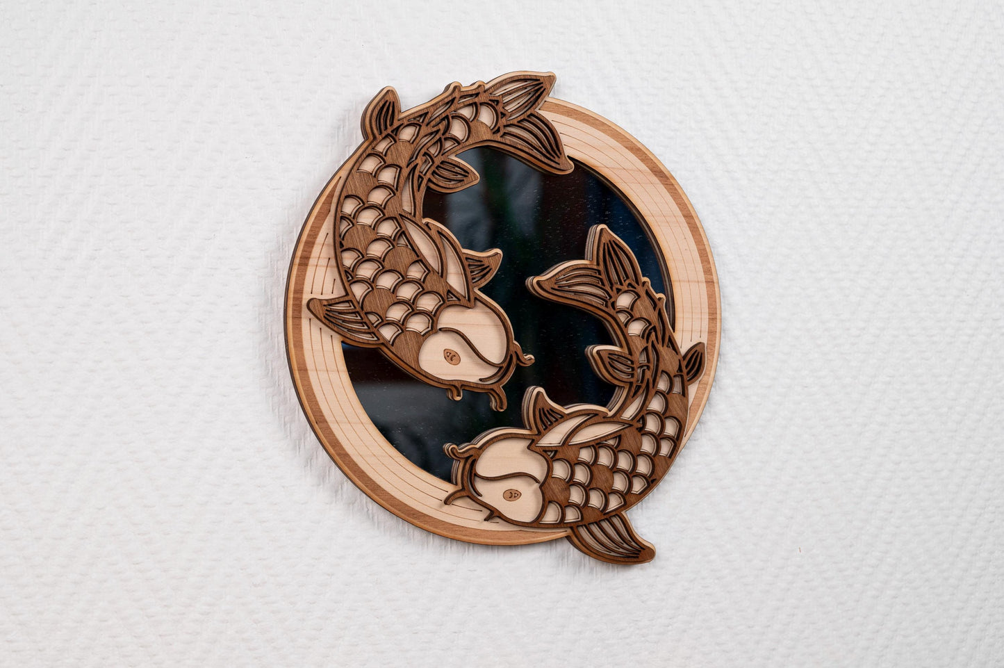 Koi Carp Mirror Wooden Wall Decoration – Traditional Japanese Zen Art – Nishikigoi Fish Handmade Asian Gift – Made in France