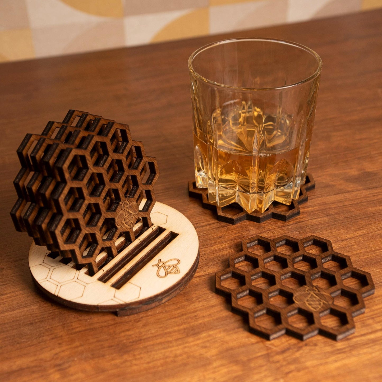 Set of 6 honeycomb bumblebee wood coasters retro vintage hexagonal housewarming gift box beekeeping whiskey