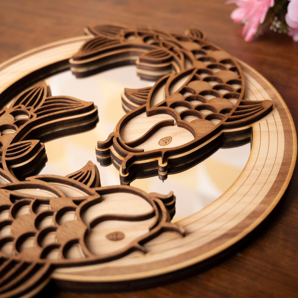 Koi Carp Mirror Wooden Wall Decoration – Traditional Japanese Zen Art – Nishikigoi Fish Handmade Asian Gift – Made in France
