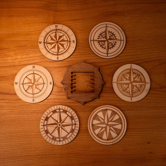 Set of 6 wooden "Rose des Vents" coasters with storage holder - Retro vintage steampunk style - Travel, navigation and boating
